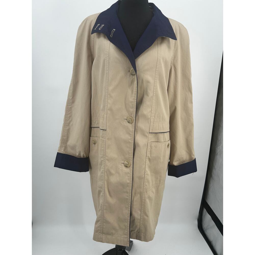 Towne London Fog Trench Coat Women's 10 Khaki Tan Navy Contrast Button Up Lined